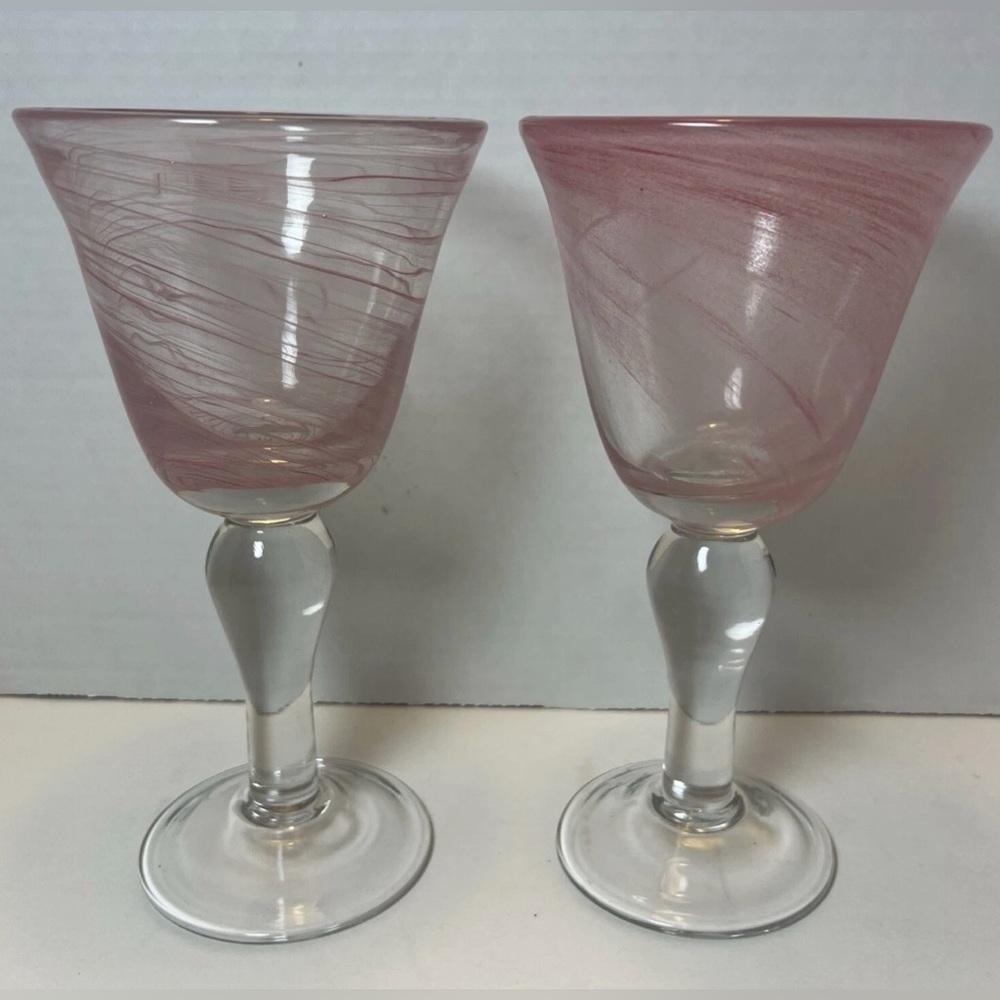 (2) Artland Iris Handblown Art Glass Goblets - Pink Swirl
